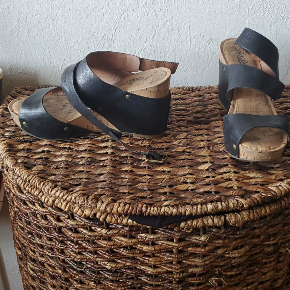 Lucky Brand Black Leather Cork Wedge Sandal